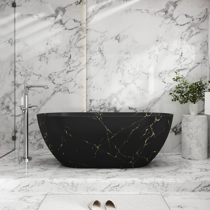 59 in Solid Surface Freestanding Soaking Bathtub in Matte Black with Sky Mirror Star River Marble Pattern, Center Drain
