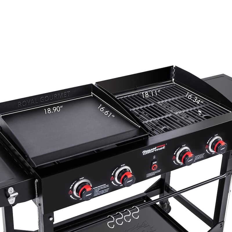 Royal Gourmet GD402 4-Burner Portable Flat Top Gas Grill and Griddle Combo with Folding Legs, Black