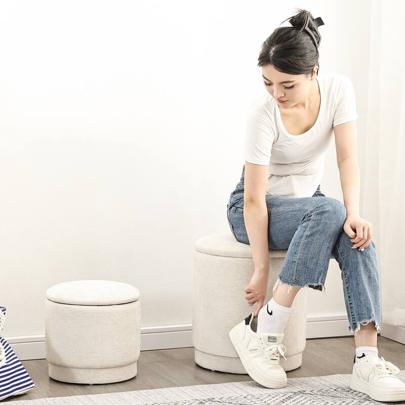 Adeco 2-Piece Round Fabric Storage Ottoman Set with Removable Lids