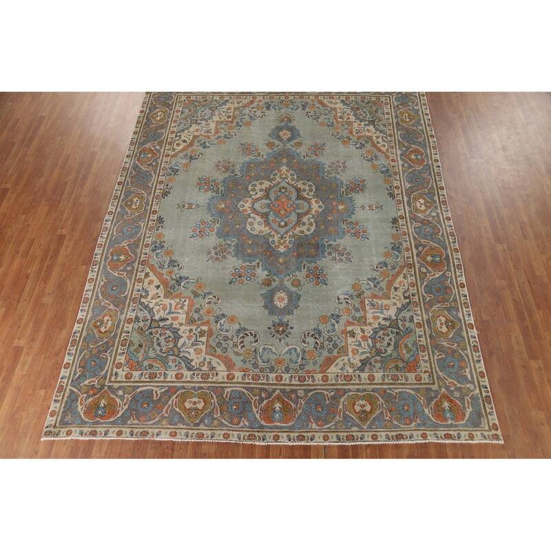 Green Tabriz Vintage Persian Area Rug Hand-Knotted Wool Carpet - 9'7" x 12'9"