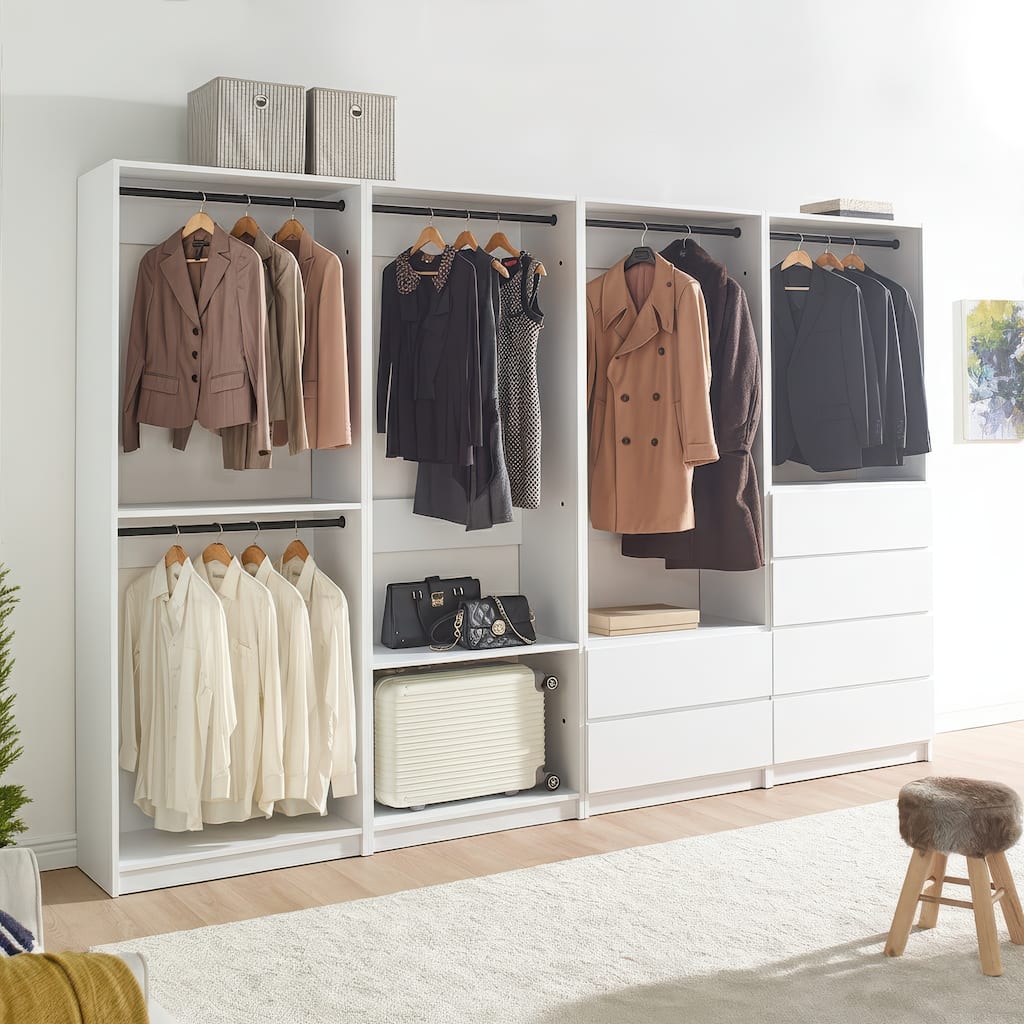 Prosper White Freestanding Walk in Wood Closet System - 125.6"W x 15.7"D x 83" H