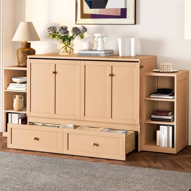 Full Size Murphy Bed with Spacious Storage Drawers and Shelves. Ideal for Guest Rooms or Compact Bedrooms