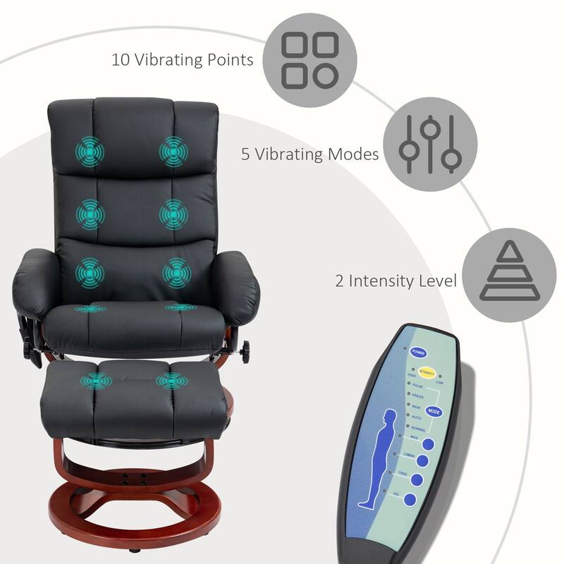 360° Swivel Reclining Massage Chair PU Leather Sofa Chair with Ottoman, 10 Point Vibration, Remote and Side Pocket