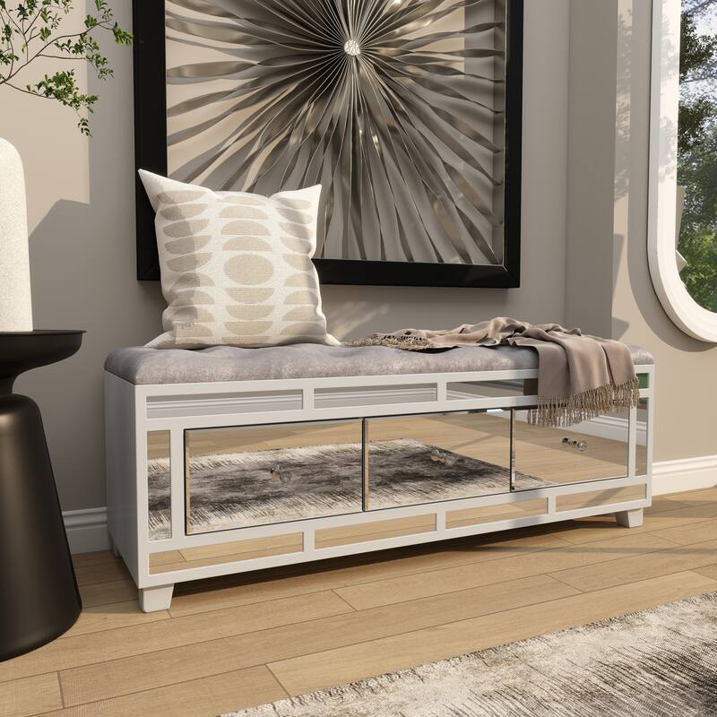 Gray Velvet Mirrored 3 Drawer Room Storage Bench with Upholstered Seat