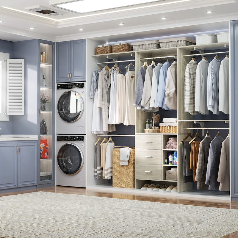 Rackcog 96'' W Closet Organizer with Drawers and Hanging Rods, Wardrobe Closet System (can be cut to fit)