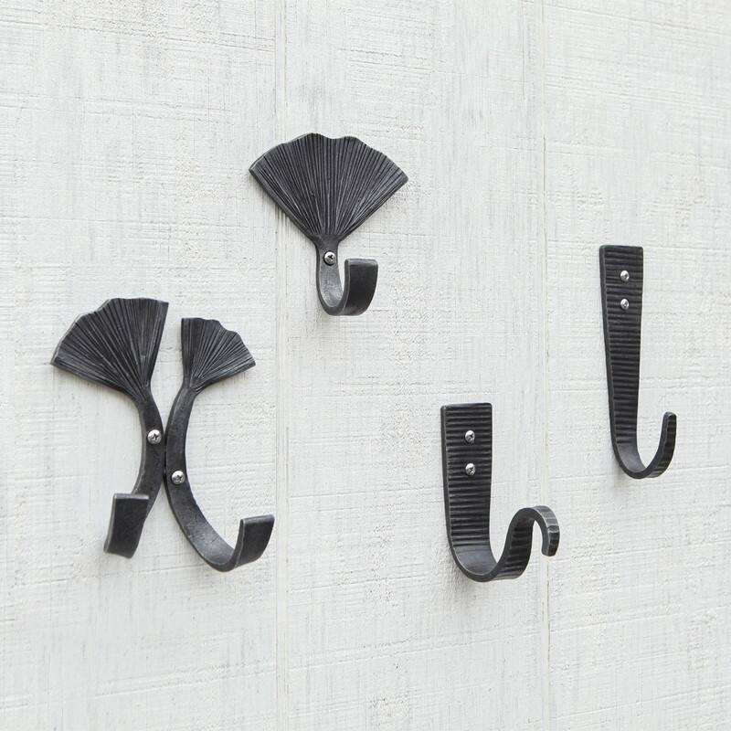 Achla Designs 6.5" Tall Black Powder Coat Finish Hammered Strap Upturned Wall J-Hooks (Set of 2)