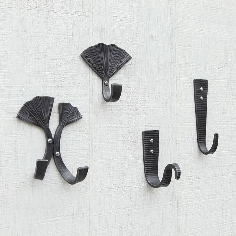 Achla Designs 6.5" Tall Black Powder Coat Finish Wrought Iron Double Ginkgo Leaf Wall Hooks (Set of 2)