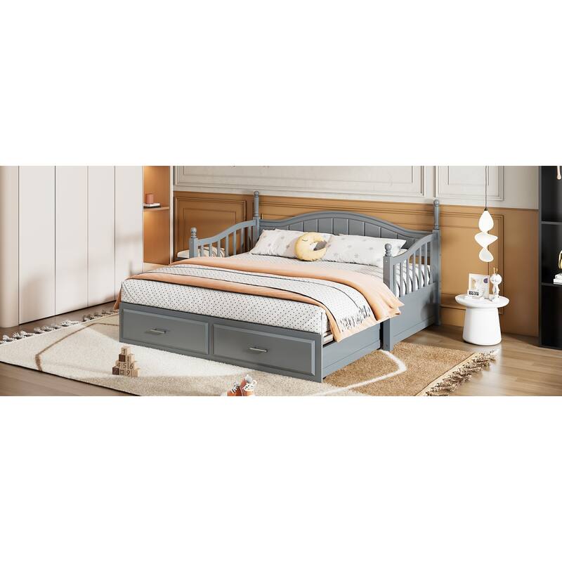Twin Size Wooden Daybed with Two Storage Drawers and Trundle for Bedroom
