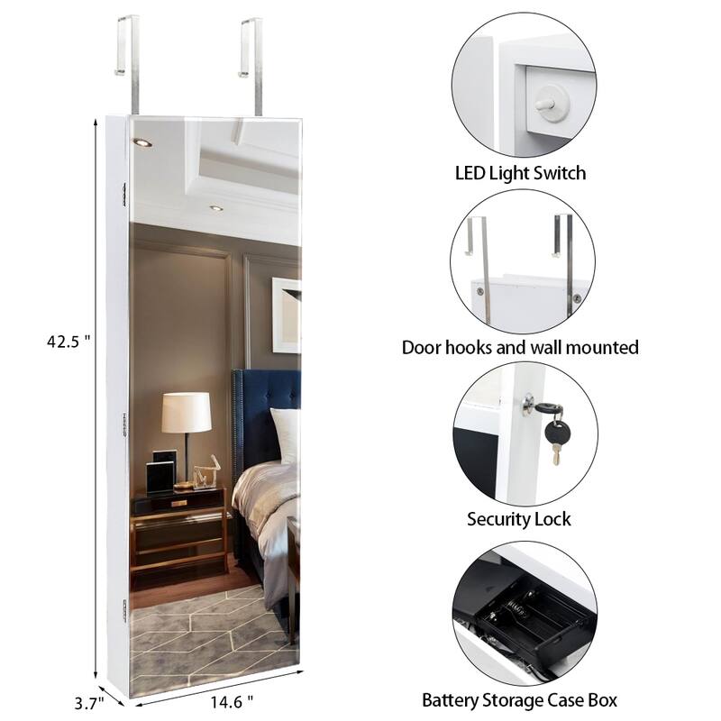 Full Mirror Wall Mounted White Jewelry Armoire Cabinet