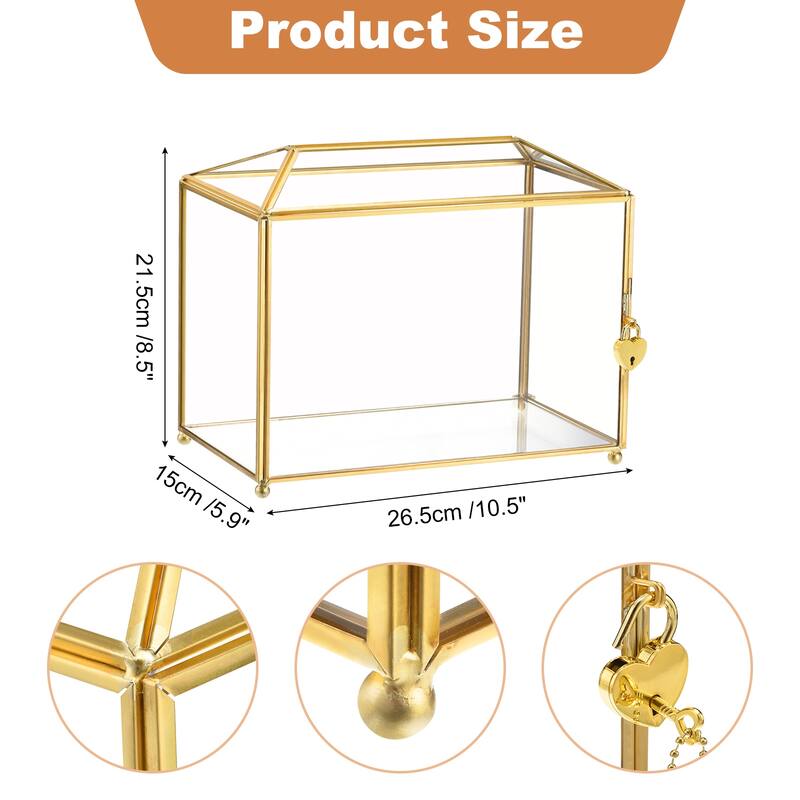 Glass Wedding Card Box with Lock, Clear Card Box for Reception - Gold - 12.59" x 5.9" x 8.85"