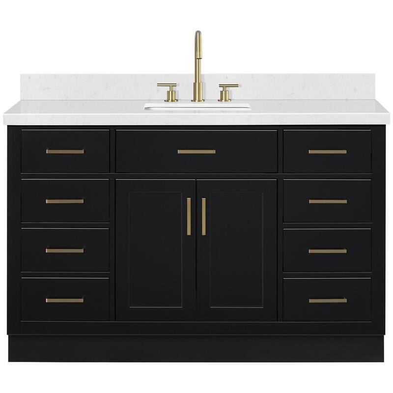 Ariel T054SCQRVO Hepburn 54" Free Standing Single Basin Vanity Set - Black / Carrara White Quartz / Satin Brass