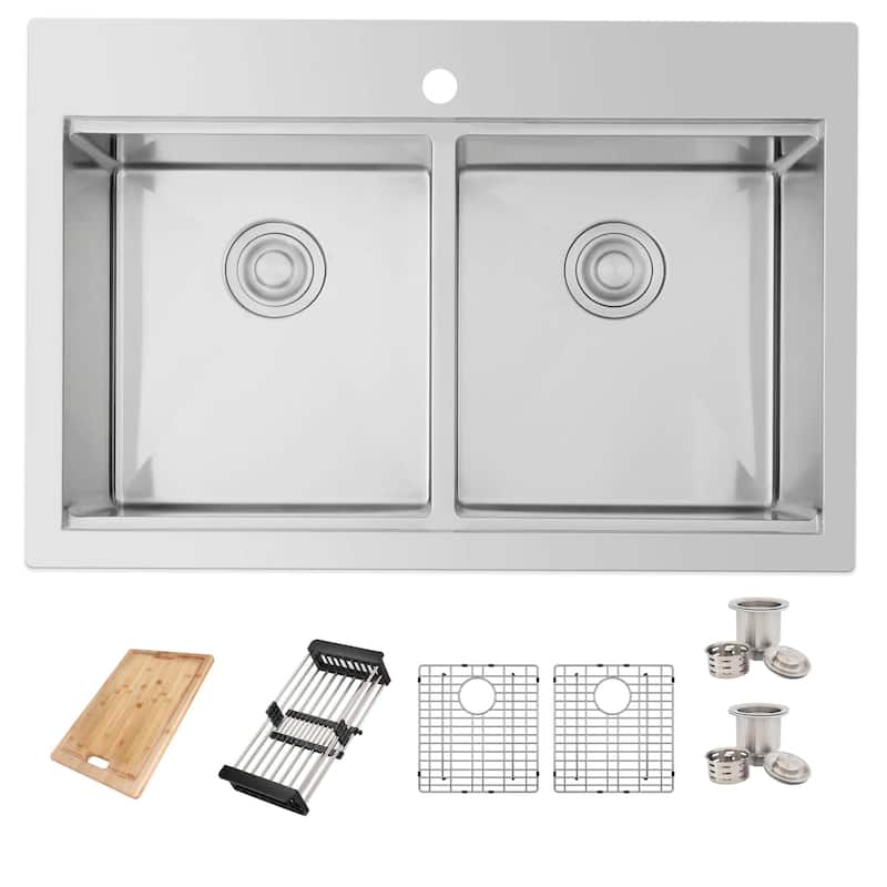 AZUNI 31.25 inch Top Mount Double Bowl Stainless Steel Ledge Workstation Kitchen Sink Handmade - 31.25" x 20.2" x 9"