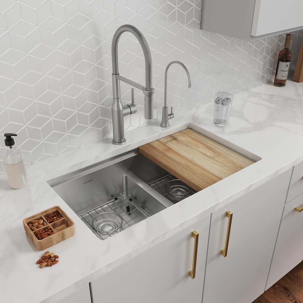 Elkay Crosstown 16 Gauge Workstation Stainless Steel, 31.5" Equal Double Bowl Sink Kit with Filtered Beverage Faucet