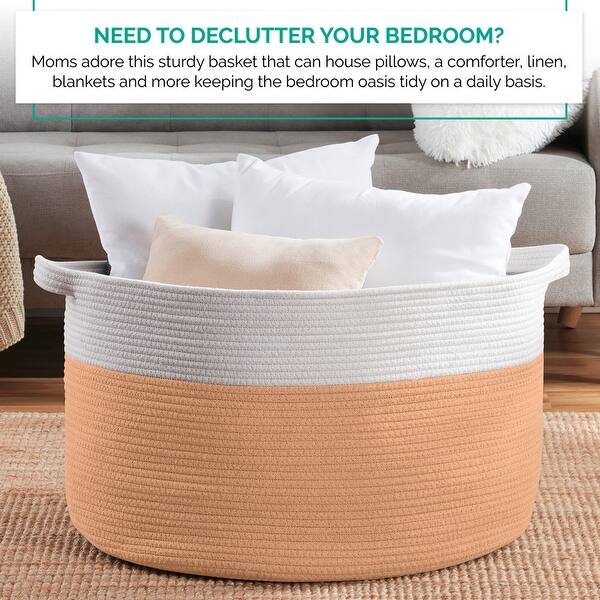 KAKAMAY Woven Baskets For Storage(17"x17"),Large Cotton Rope Woven Baby Laundry Hamper,Collapsible Laundry Basket, Blanket Basket For Organizing