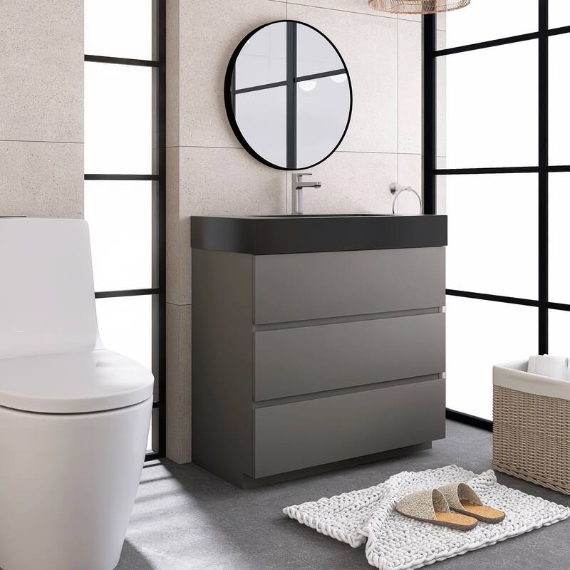 Freestanding Bathroom Vanity with Black Solid Surface Top