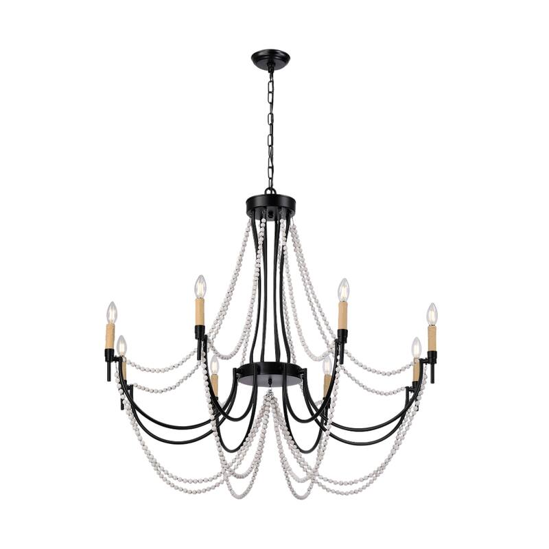 Rustic Beach Chandelier with Wooden Bead Strands | Matte Black 8-Light Dining Room Fixture - Satin Black