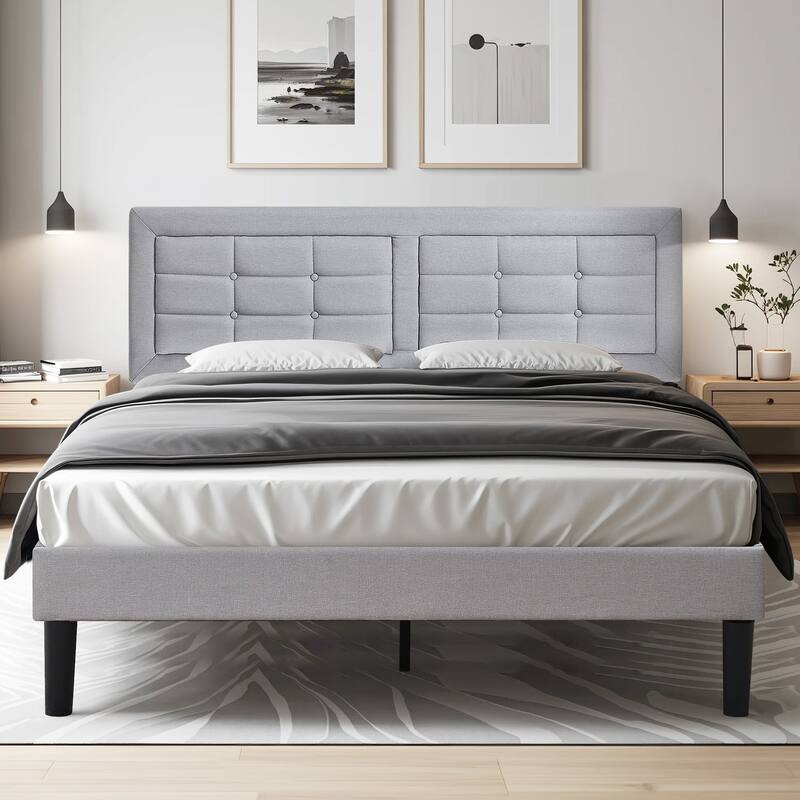VECELO Bed Frame with Adjustable Headboard, Upholstered Button Tufted Platform Bedframe with Wood Slats Support