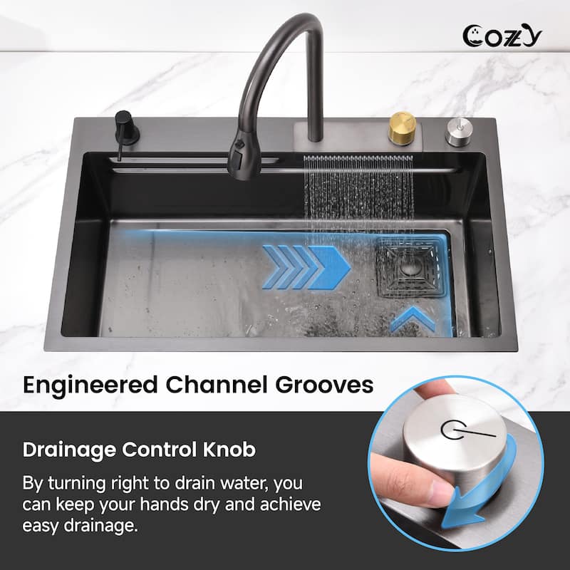 Black 30 Inch Single Bowl Stainless Steel Base Kitchen Sink with Pull-Out Faucet, Cutting Board, Nested Basin