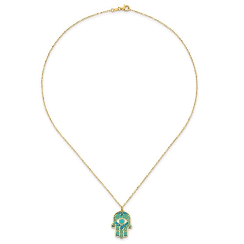 Curata 14k Yellow Gold 18" Italian Blue Green Enamel Evil Eye Hamsa Necklace - 18mm