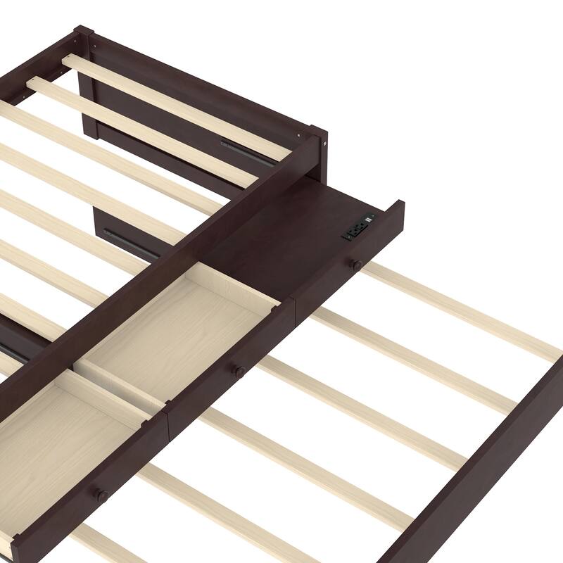 Twin Platform Bed with Trundle and 2 drawers,SolidWood Beds with Power strip