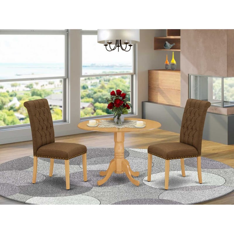 HomeStock 3-Piece Round Natural Oak Finish Solid Wood Top Dining Table with 2-Parson Chairs with Drop Leaf