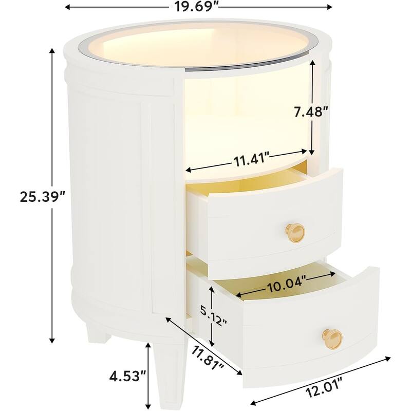 White-Ivory Metal Glass Bedside Table with LED Lighting and Drawers