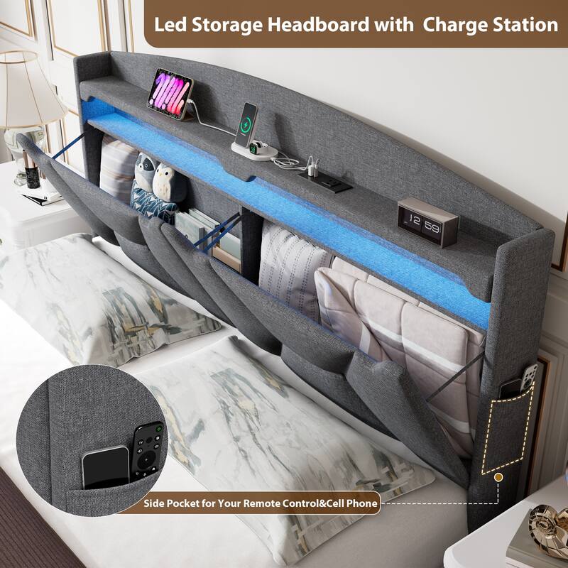 Modern Platform Bed with LED Lights and Storage Headboard