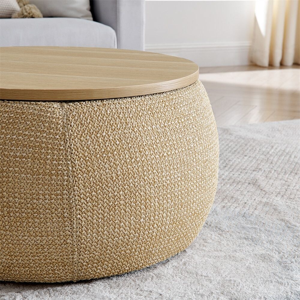 2 in 1 Woven Rattan Fabric Round Storage Ottoman with Small Seat