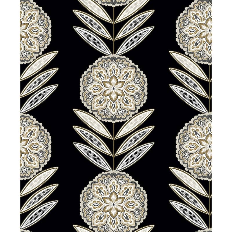 Seabrook Designs Belle Floral Stripe Non-Woven Unpasted Wallpaper - 20.9 in. W x 33 ft. L - Black Tie & Metallic Gold