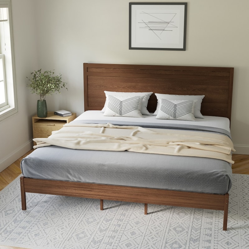 Modern Solid Wood Platform Bed with Headboard and Wooden Slats