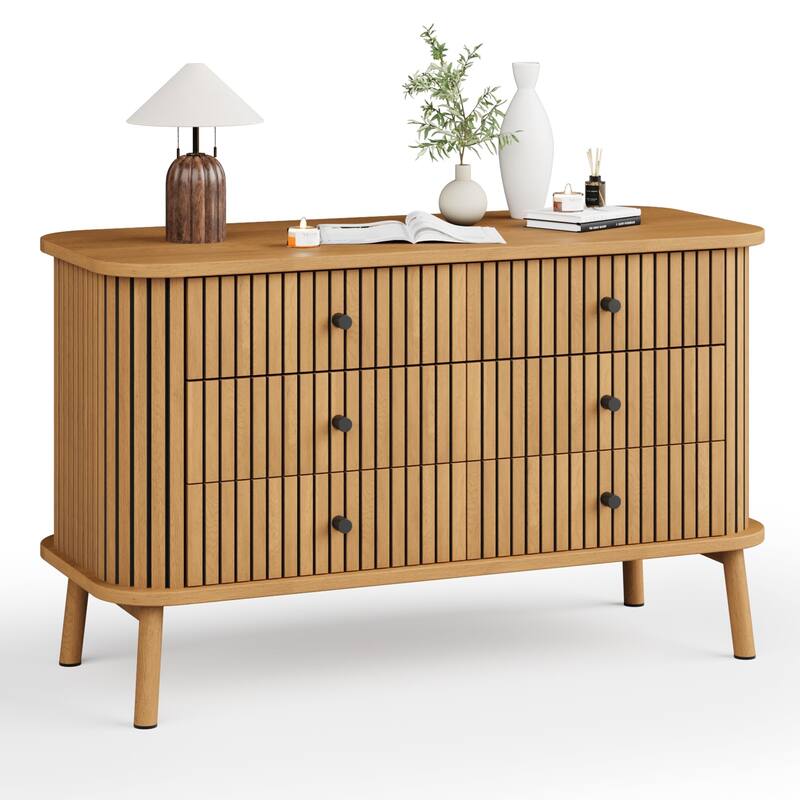 6 Drawer Dresser for Bedroom, Double Chest of Drawers, Boho Wooden Dresser with Handles