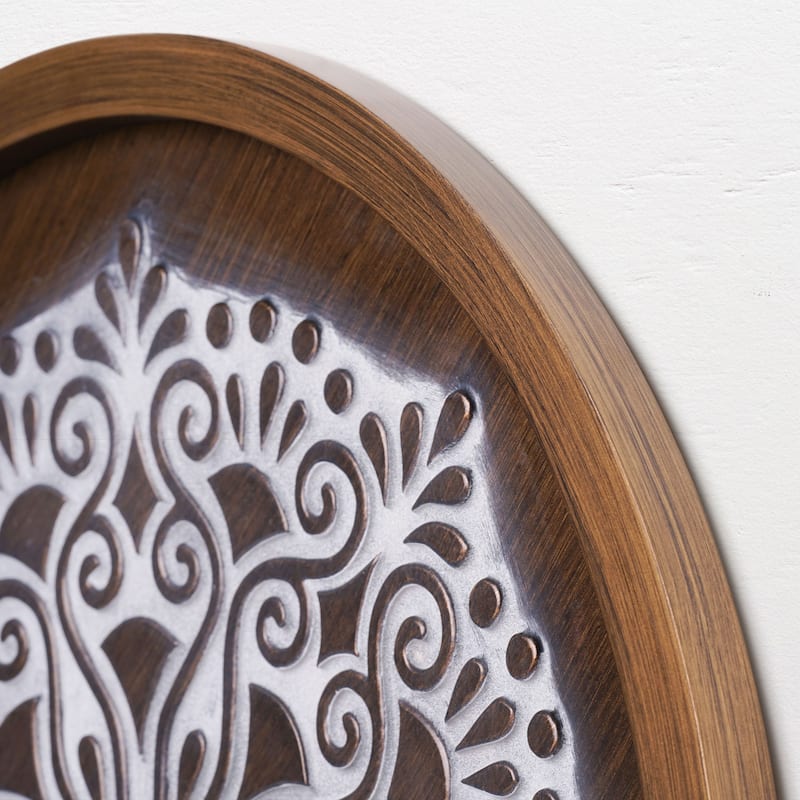 American Art Decor Boho Rustic Farmhouse Wood Framed Wall Medallion - Brown, White (17")
