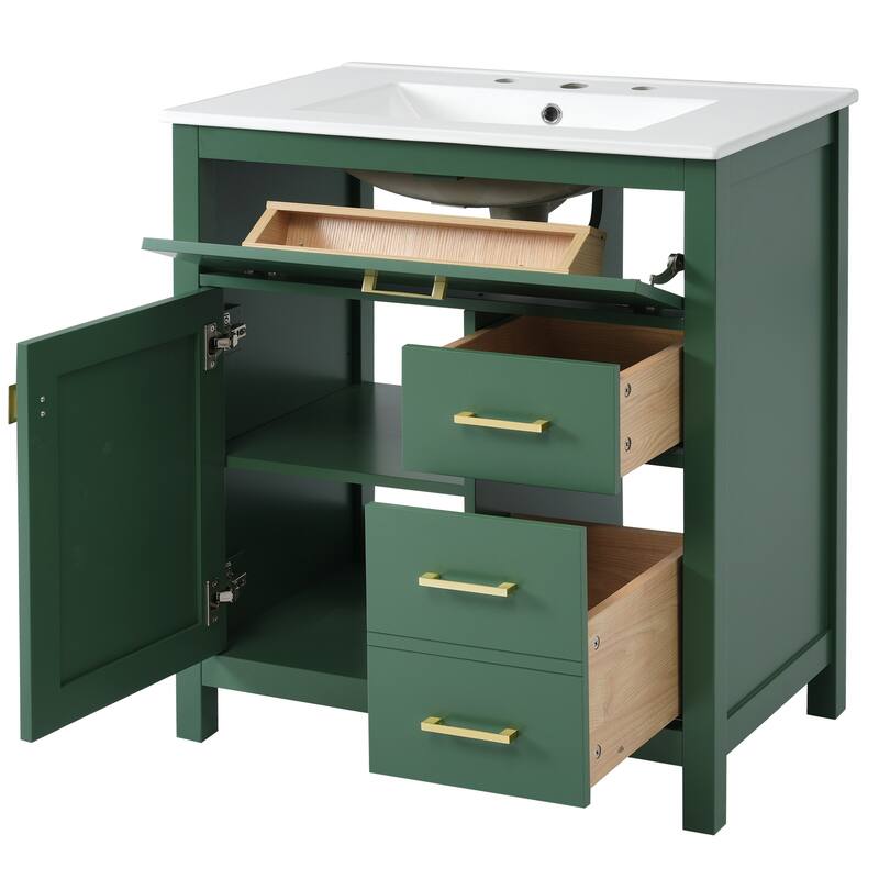 30-Inch Blue Bathroom Vanity with Ceramic Undermount Sink, 1 Soft-Close Door, 3 Storage Boxes, and Gold Handles
