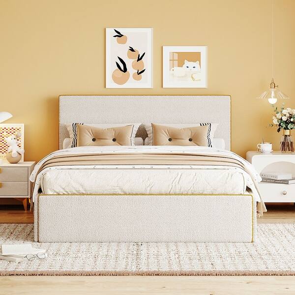 Full Size Upholstered Platform Bed with 4 Drawers and Golden Edge