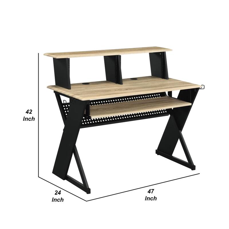 Tin 47 Inch Wood Music Desk Studio Station, Keyboard Tray, Shelves, Brown