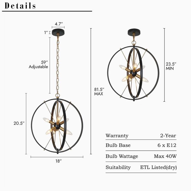 Modern 6-Light Black Gold Starburst Chandelier Orb Pendant Lights for Dining Room - 18" W x 20.5" H