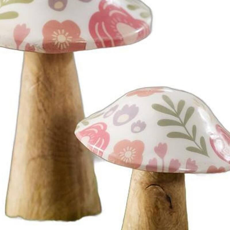 HomeRoots Set of Two Brown Pink And Green Wood Mushroom Tabletop Sculptures - 5.50 in. x 6.50 in. x 5.50 in.