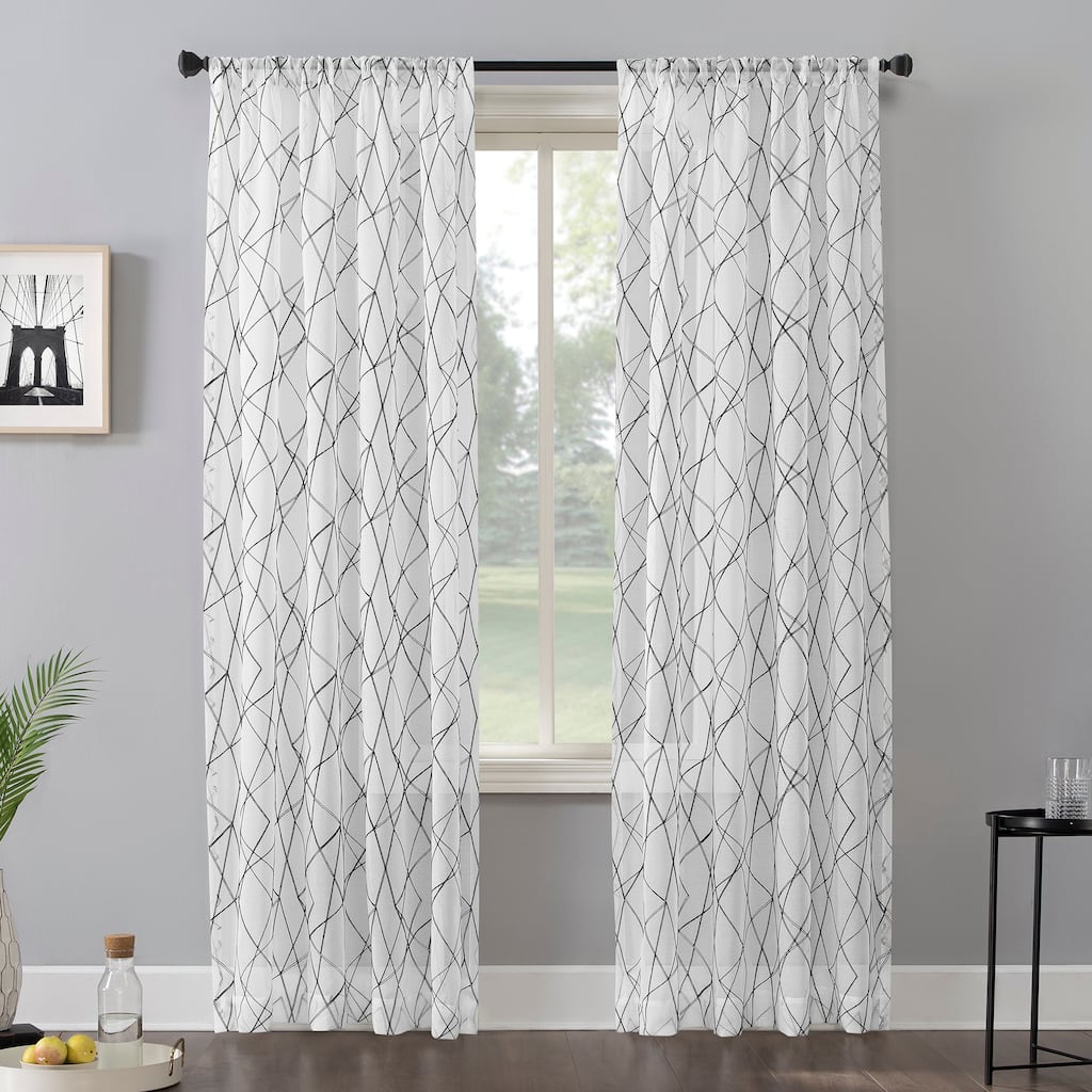 No. 918 Abstract Geometric Embroidery Semi-Sheer Rod Pocket Curtain Panel, Single Panel