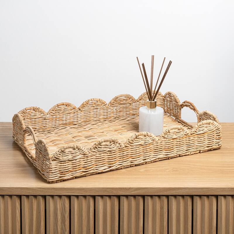 Happimess Scalloped 21.5" Hand-Woven Rattan Tray with Handles