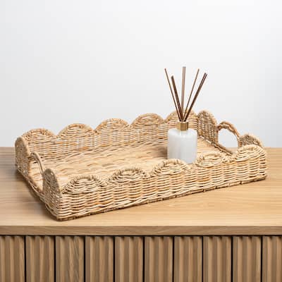 Happimess Scalloped 21.5" Hand-Woven Rattan Tray with Handles