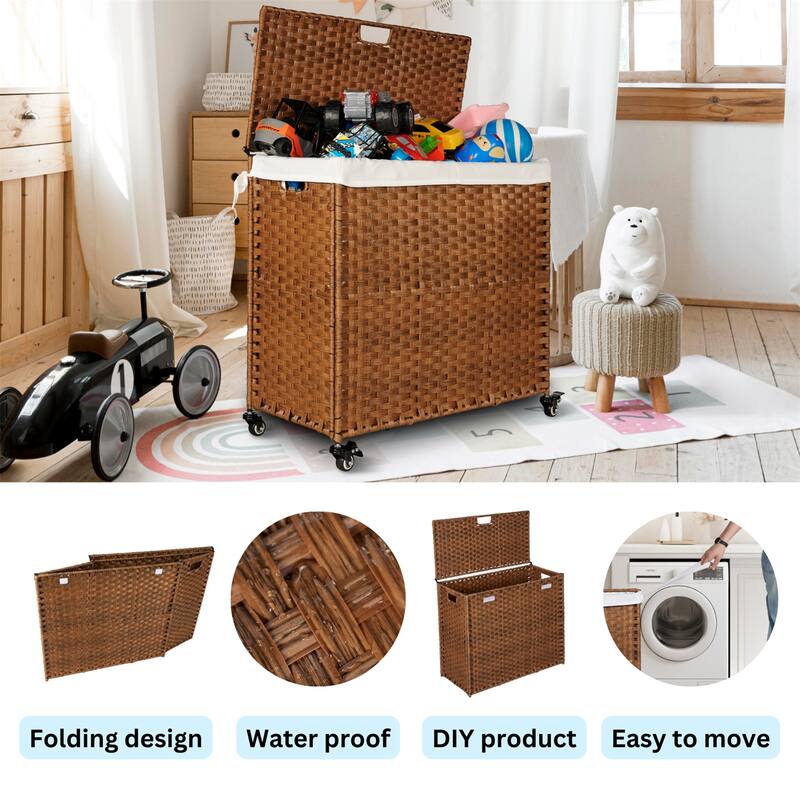 PE Rattan Laundry Hamper With Lid, Portable 160L Clothes Hampers with Wheels and 2 Removable Bags
