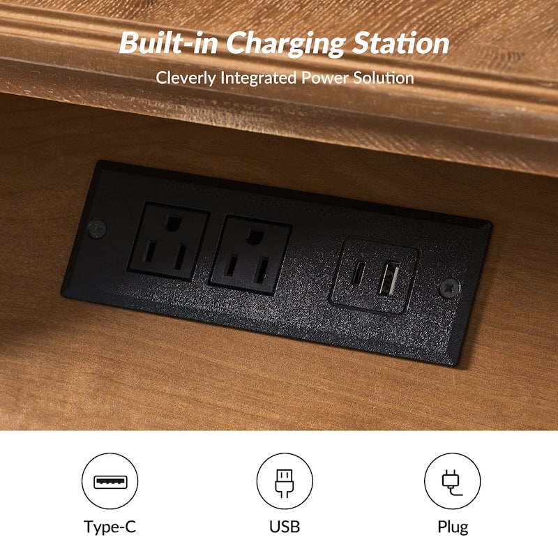 HULALA HOME Eric Traditional 26" Tall Solid Wood End Table with Built-in Charging Station and Extendable Tray