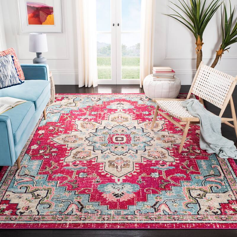 SAFAVIEH Madison Diederike Boho Medallion Distressed Rug - 9' x 12' - Fuchsia/Blue - Rectangle