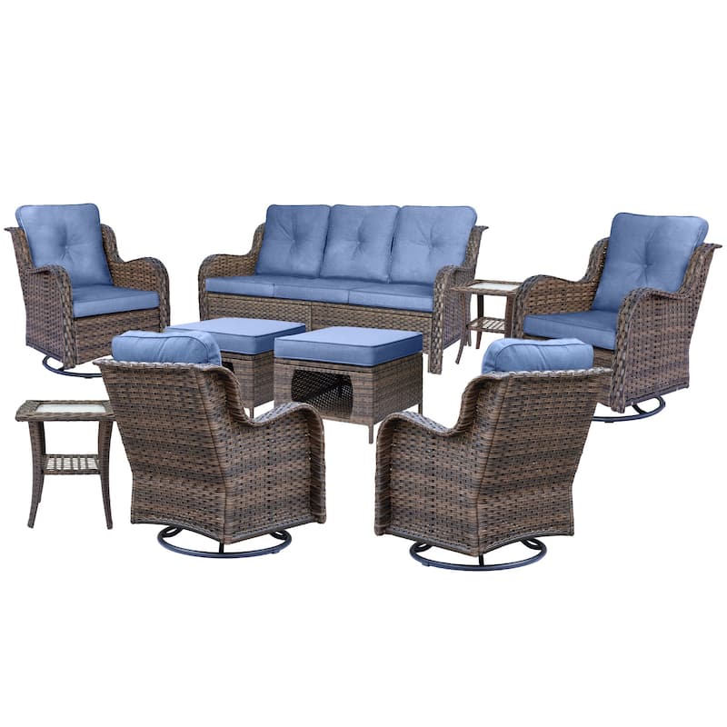 9 Piece Outdoor Patio Furniture Set Wicker Swivel Chair with Ottoman