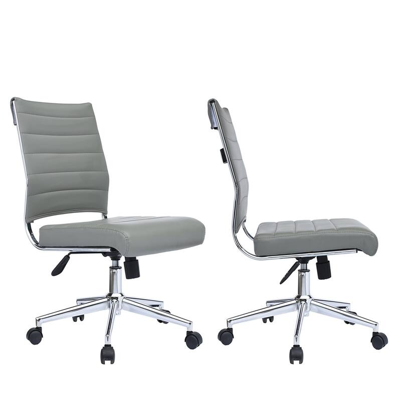 Set of 2 Modern Ergonomic Executive Mid back PU Leather Office Chairs No Arms Rest Tilt Adjustable Height With Wheels - Grey