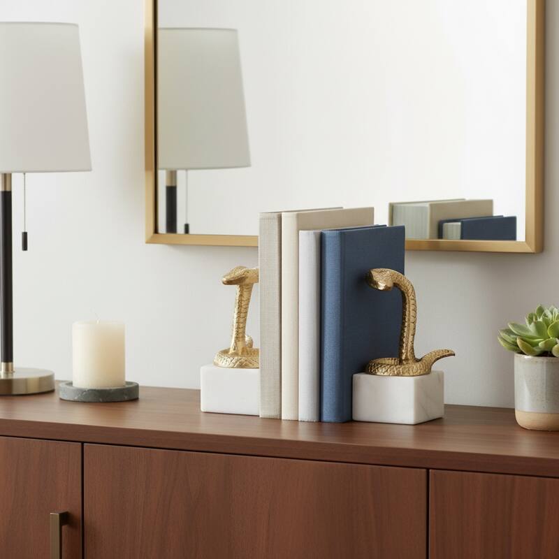 Decorative Faux Snake on Marble Base Bookends - Set of 2", 9", Gold - 9.0" - 9.0" - Gold/ Metallic