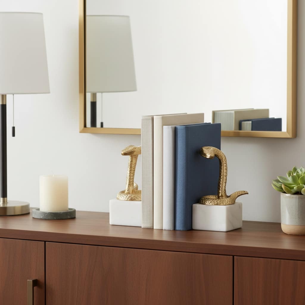 Decorative Faux Snake on Marble Base Bookends - Set of 2", 9", Gold - 9.0"