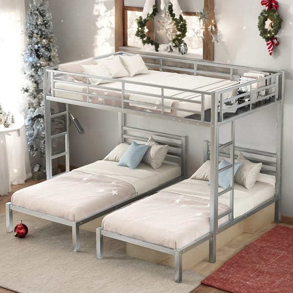 slide 2 of 26, Full Over Twin&Twin Size 3 In 1 Bunk Bed With Built-in Shelf for Home Silver