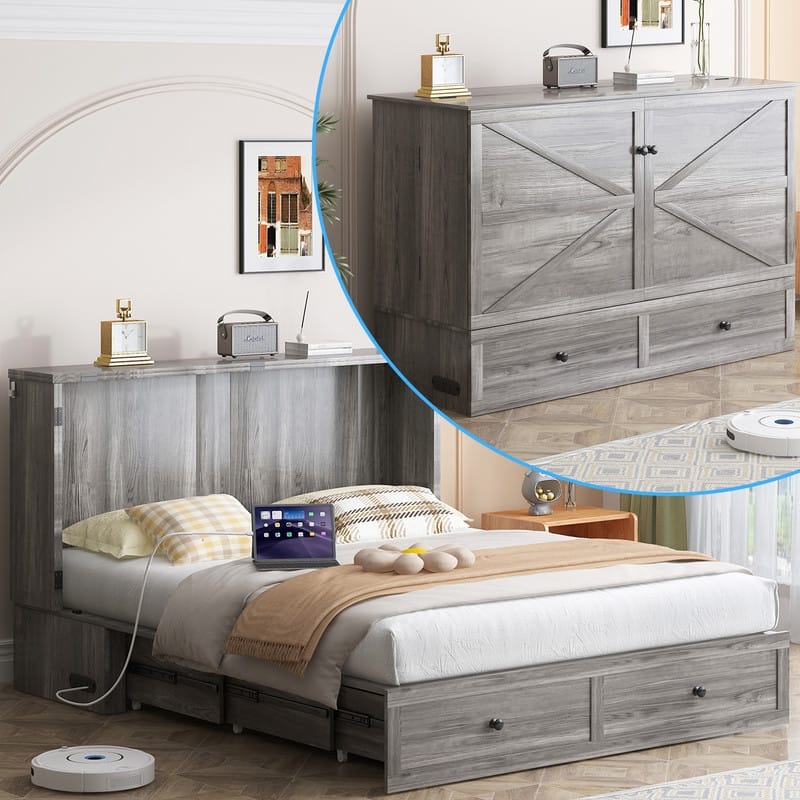 Mixoy Modern Full/Queen Size Murphy Bed Chest with Mattress and Storage