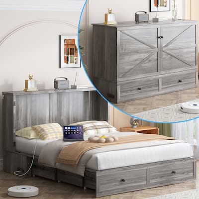 Mixoy Modern Full/Queen Size Murphy Bed Chest with Mattress and Storage